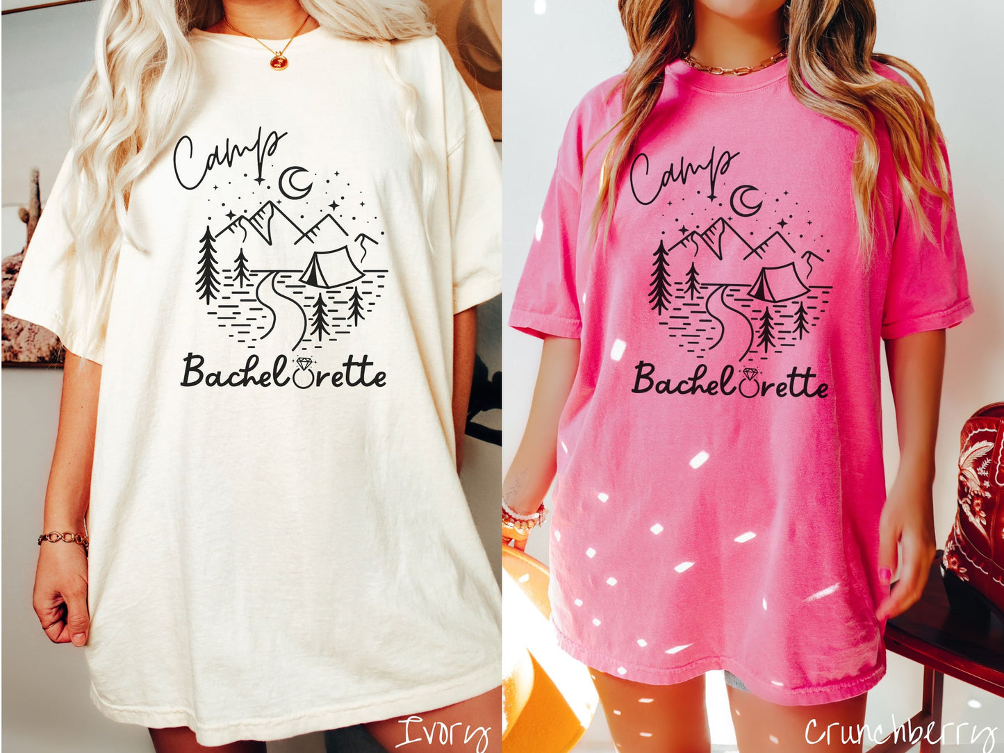 Two women wearing cute, vintage ivory and crunchberry colored Comfort Colors t-shirts with text Camp Bachelorette in black, cursive font. The o in Bachelorette is a diamond wedding ring. Between the text are mountains, trees, a tent, and a stream.