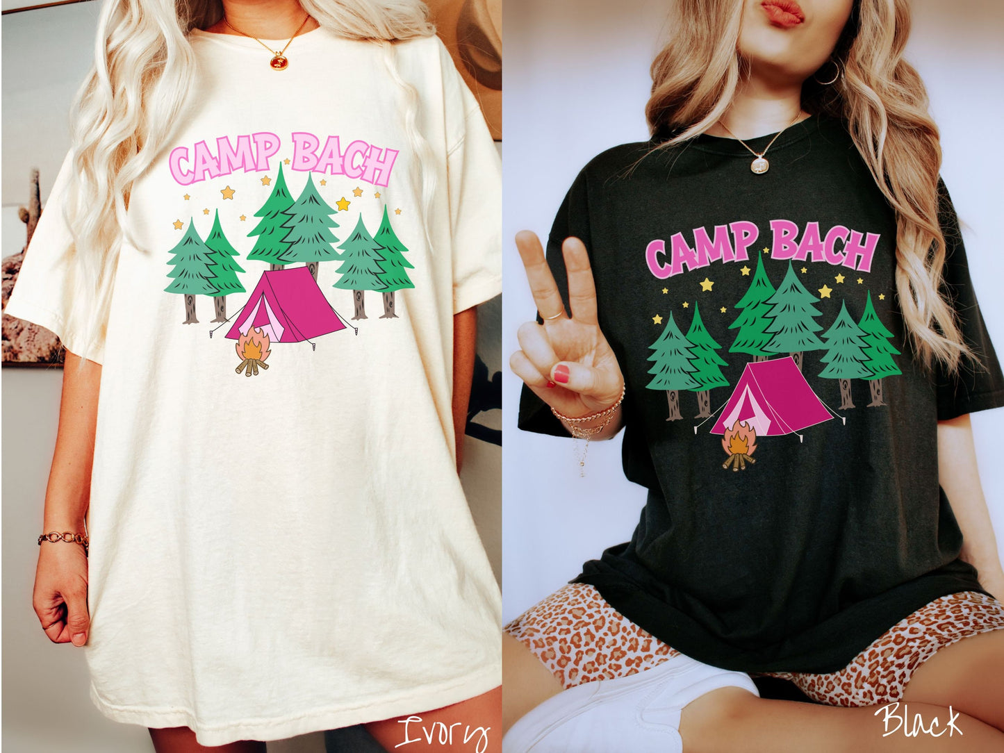 Two women wearing cute, vintage ivory and black colored Comfort Colors t-shirts with text Camp Bach in pink, uppercase font. Below the text is a pink tent in between green trees and in front of a campfire with stars in the sky above the trees.