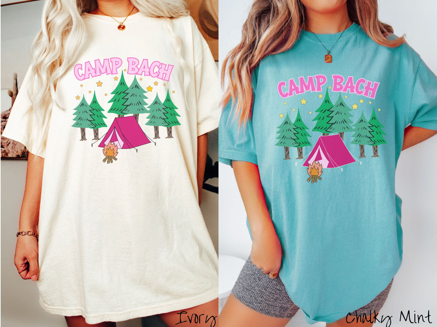 Two women wearing cute, vintage ivory and chalky mint colored Comfort Colors t-shirts with text Camp Bach in pink, uppercase font. Below the text is a pink tent in between green trees and in front of a campfire with stars in the sky above the trees.