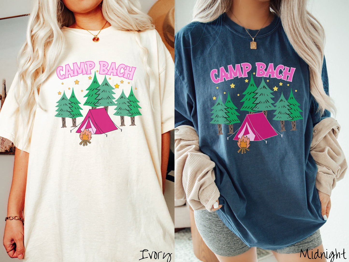Two women wearing cute, vintage ivory and midnight colored Comfort Colors t-shirts with text Camp Bach in pink, uppercase font. Below the text is a pink tent in between green trees and in front of a campfire with stars in the sky above the trees.