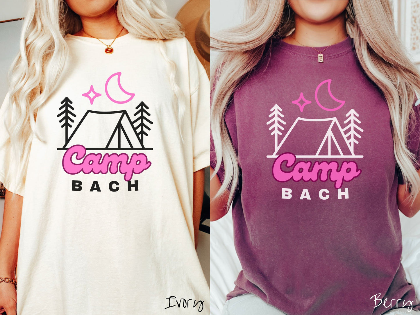 Two women wearing cute, vintage ivory and berry colored Comfort Colors t-shirts with text Camp Bach in pink and black font. Above the text is an outline of a tent in between two pine trees with a pink star and moon above in the sky.