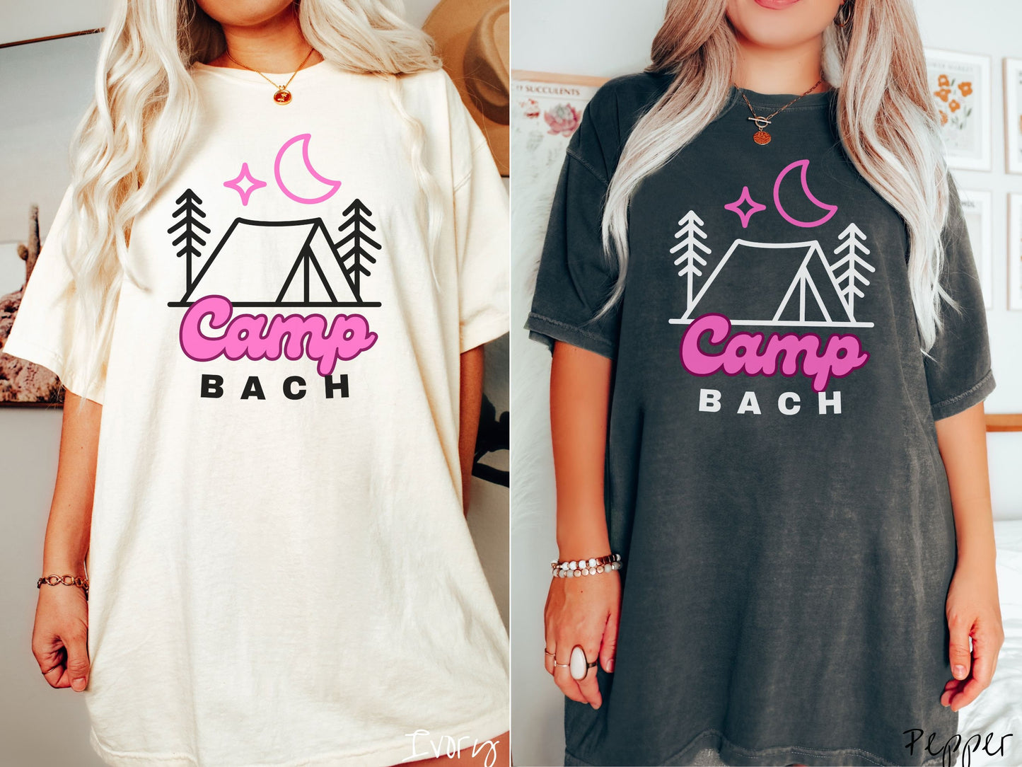 Two women wearing cute, vintage ivory and pepper colored Comfort Colors t-shirts with text Camp Bach in pink and black font. Above the text is an outline of a tent in between two pine trees with a pink star and moon above in the sky.