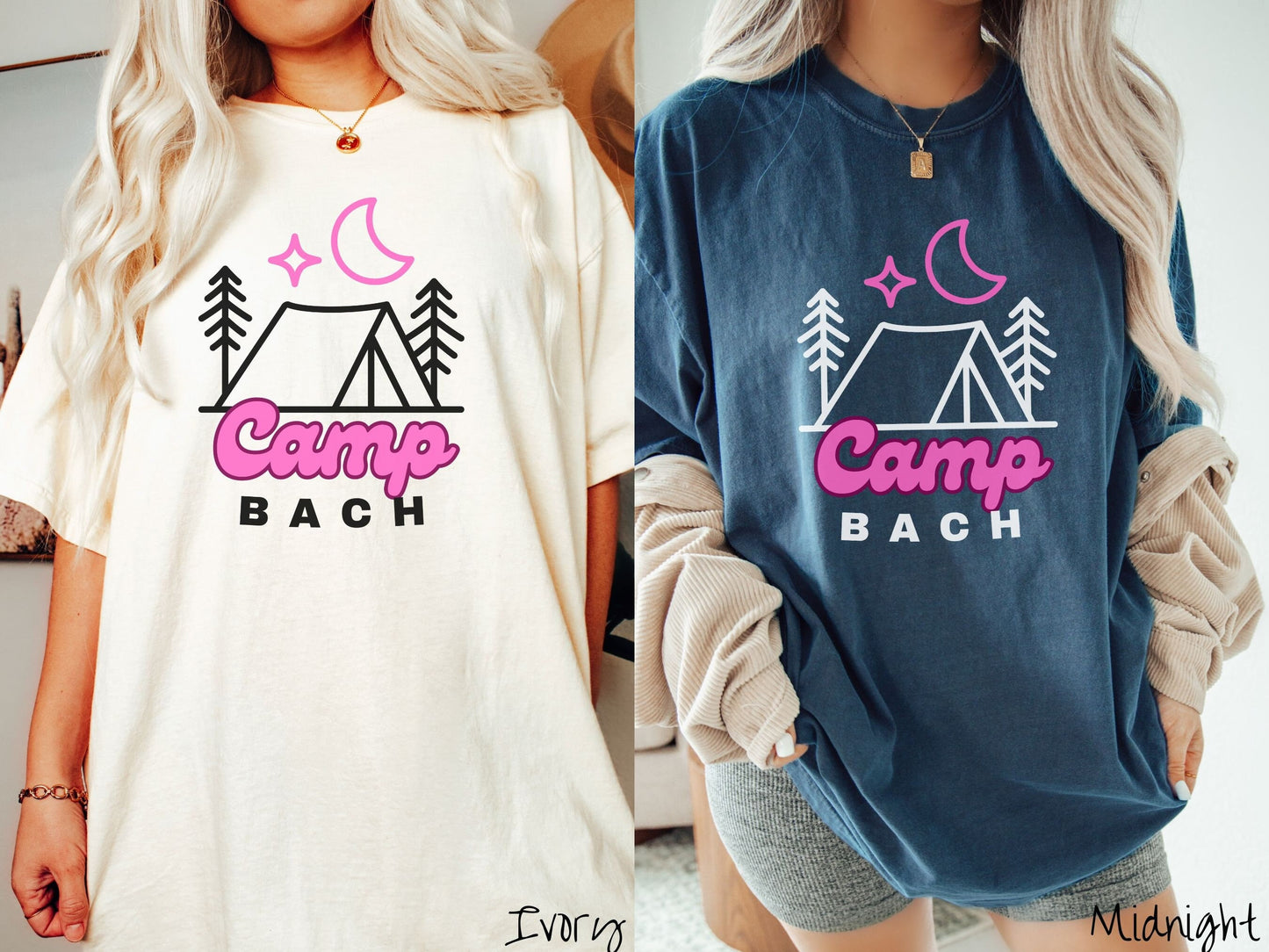 Two women wearing cute, vintage ivory and midnight colored Comfort Colors t-shirts with text Camp Bach in pink and black font. Above the text is an outline of a tent in between two pine trees with a pink star and moon above in the sky.