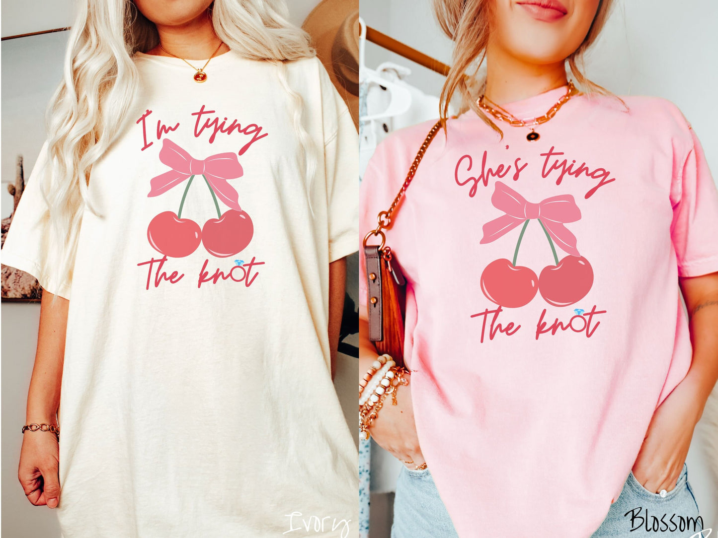 Two women wearing cute, vintage ivory and blossom colored Comfort Colors t-shirts with text Im tying the knot in red, cursive font. The o in knot is a diamond wedding ring. Between the text are two cherries tied together with a red bow.