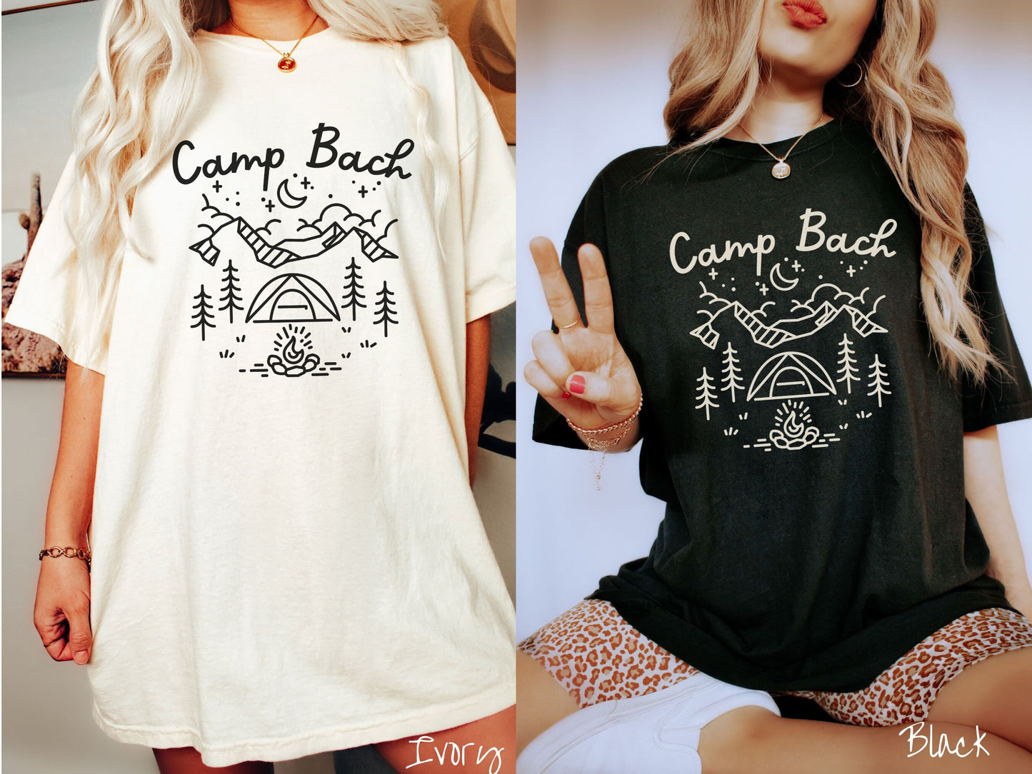 Two women wearing cute, vintage ivory and black colored Comfort Colors t-shirts with text Camp Bach in white, cursive font. Above the text are outlines of mountains, trees, stars, a tent, campfire, and a stream.