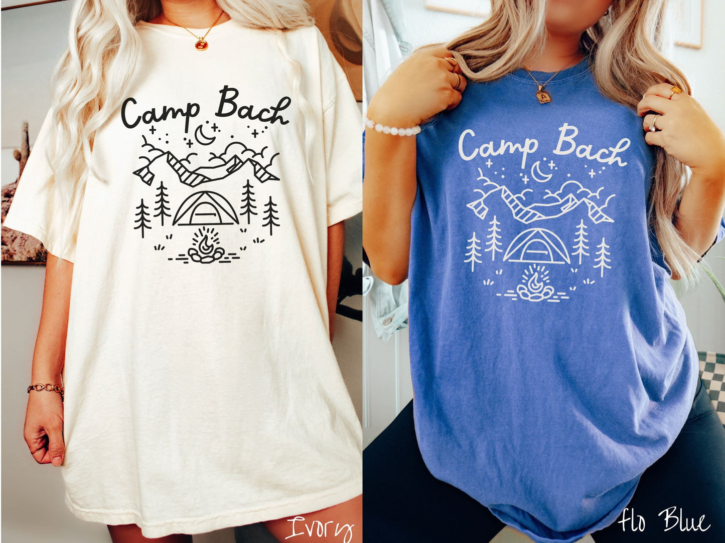 Two women wearing cute, vintage ivory and flo blue colored Comfort Colors t-shirts with text Camp Bach in white, cursive font. Above the text are outlines of mountains, trees, stars, a tent, campfire, and a stream.