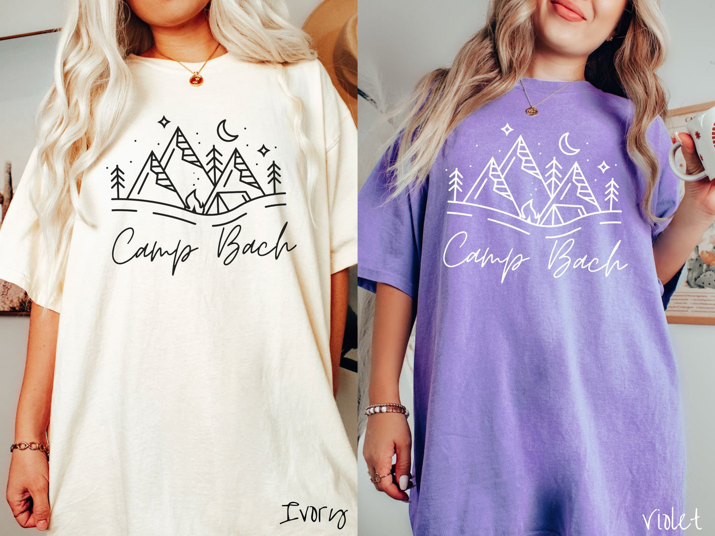 Two women wearing cute, vintage ivory and violet colored Comfort Colors t-shirts with text Camp Bach in white, cursive font. Above the text are outlines of mountains, trees, stars, a tent, campfire, and a stream.