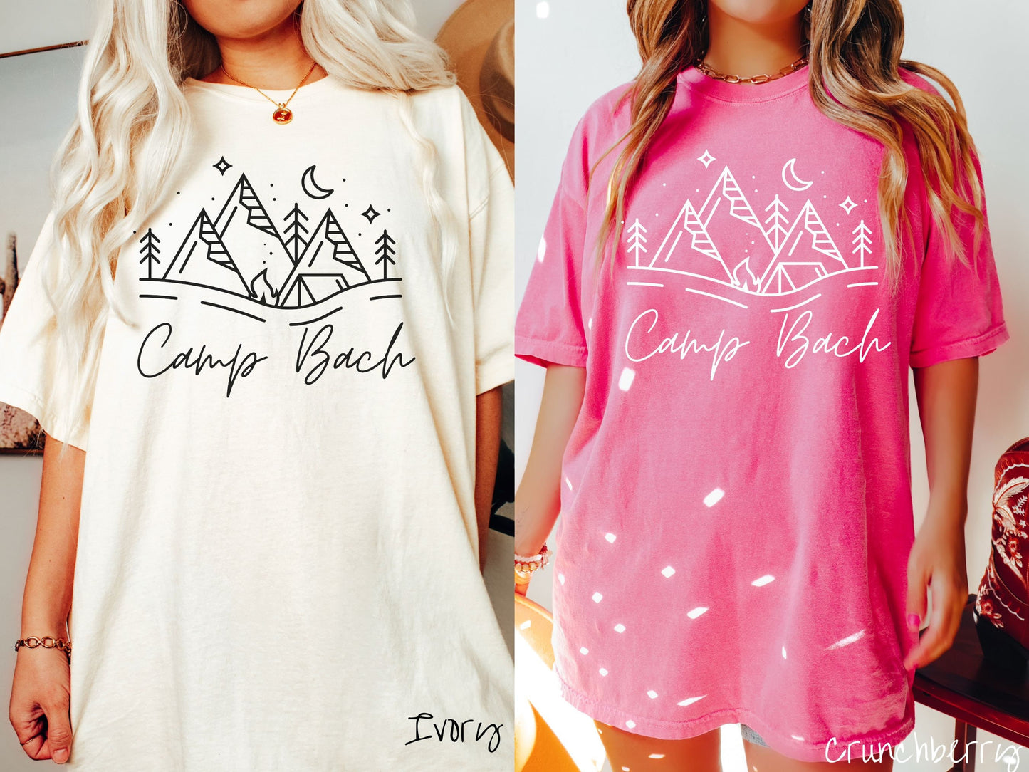 Two women wearing cute, vintage ivory and crunchberry colored Comfort Colors t-shirts with text Camp Bach in white, cursive font. Above the text are outlines of mountains, trees, stars, a tent, campfire, and a stream.