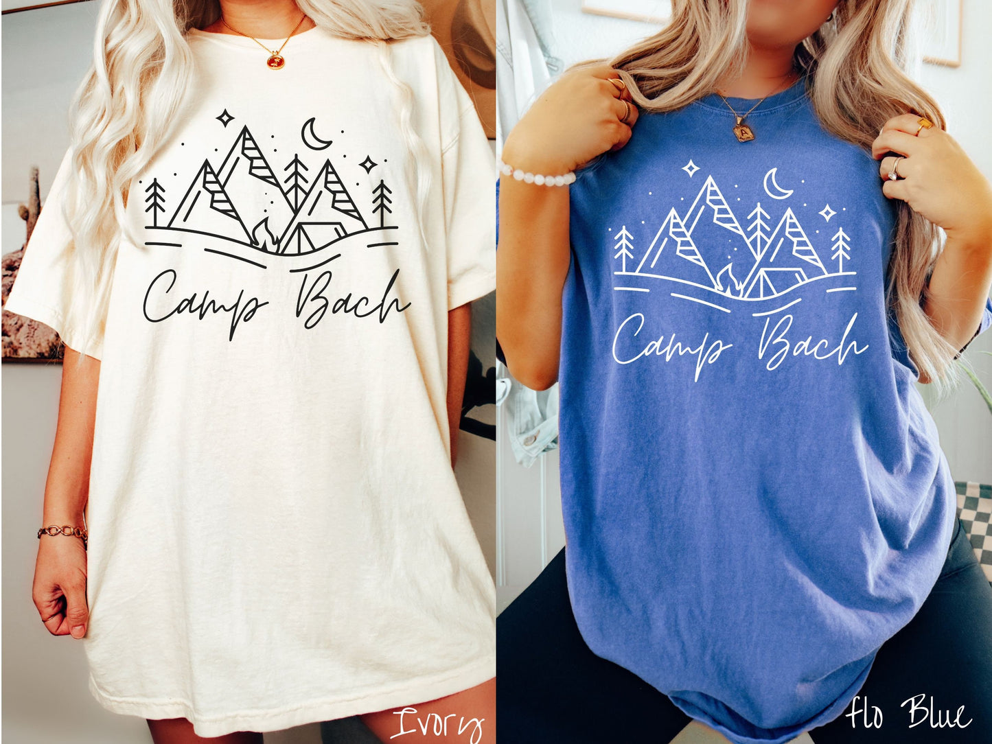 Two women wearing cute, vintage ivory and flo blue colored Comfort Colors t-shirts with text Camp Bach in white, cursive font. Above the text are outlines of mountains, trees, stars, a tent, campfire, and a stream.
