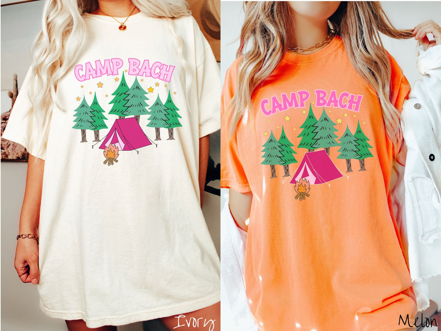 Two women wearing cute, vintage ivory and melon colored Comfort Colors t-shirts with text Camp Bach in pink, uppercase font. Below the text is a pink tent in between green trees and in front of a campfire with stars in the sky above the trees.