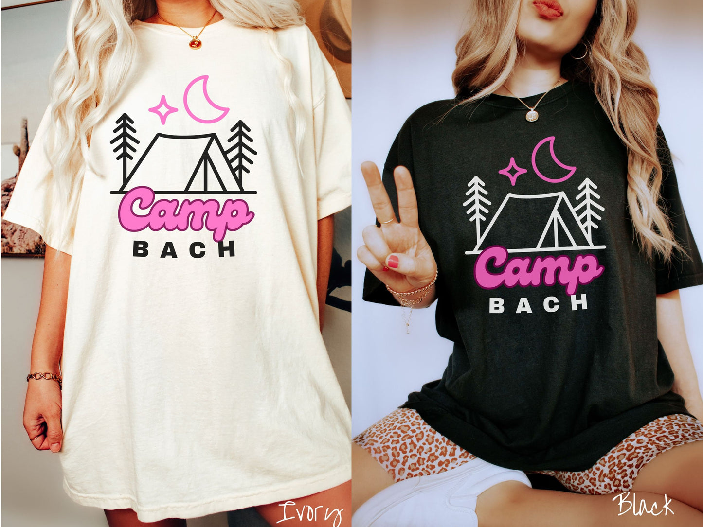Two women wearing cute, vintage ivory and black colored Comfort Colors t-shirts with text Camp Bach in pink and black font. Above the text is an outline of a tent in between two pine trees with a pink star and moon above in the sky.