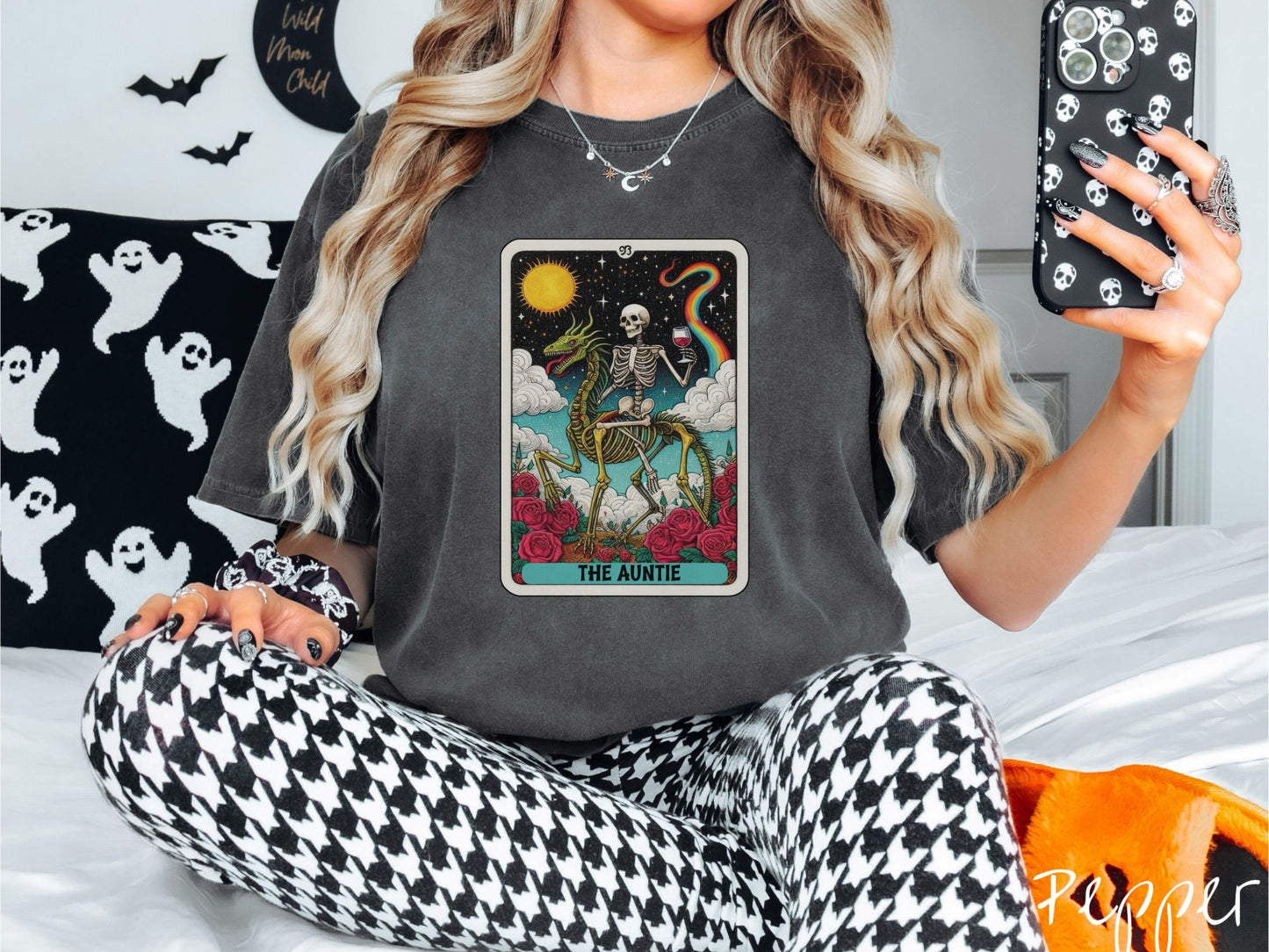 The Auntie Skeleton Horse Riding Auntie Comfort Colors Shirt, Gift This to the Wine Loving Aunt of the Family!