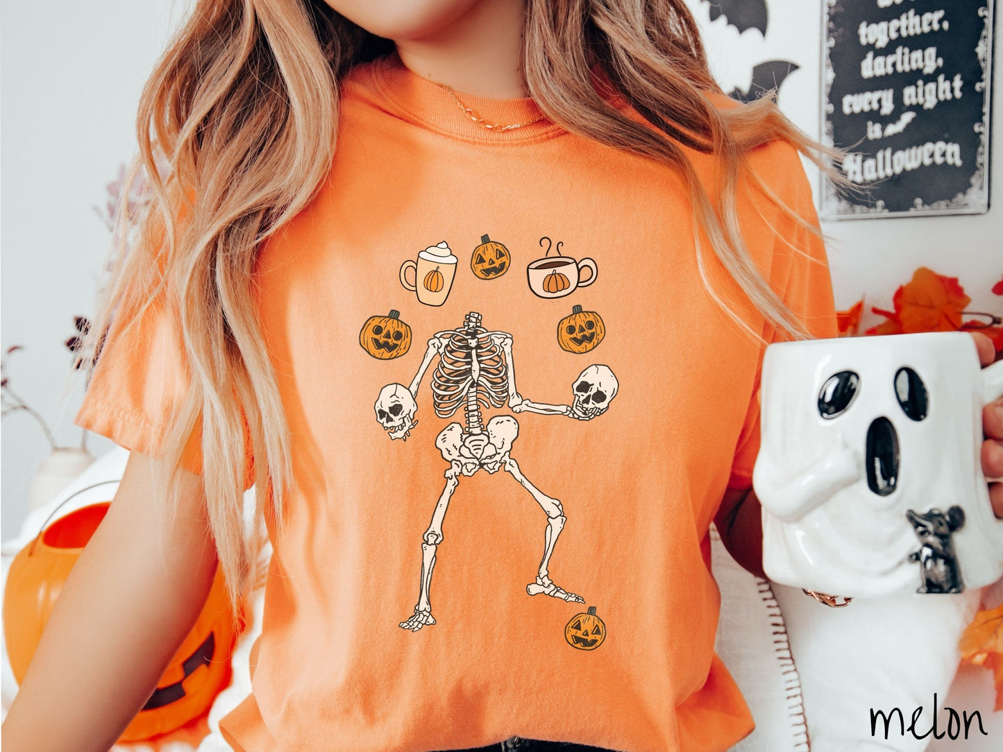 The Coffee Juggling Skeleton Comfort Colors Shirt, Gift This Pumpkin Spiced Latte Skeleton Tee-shirt to a Coffee Afficionado This Halloween!