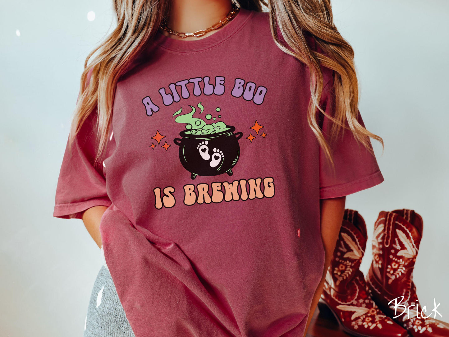 Comfort Colors Shirt, Halloween Pregnancy Announcement Shirt, Expecting Shirt, Pregnant Ghost Shirt, Little Boo is Brewing, Baby Brewing