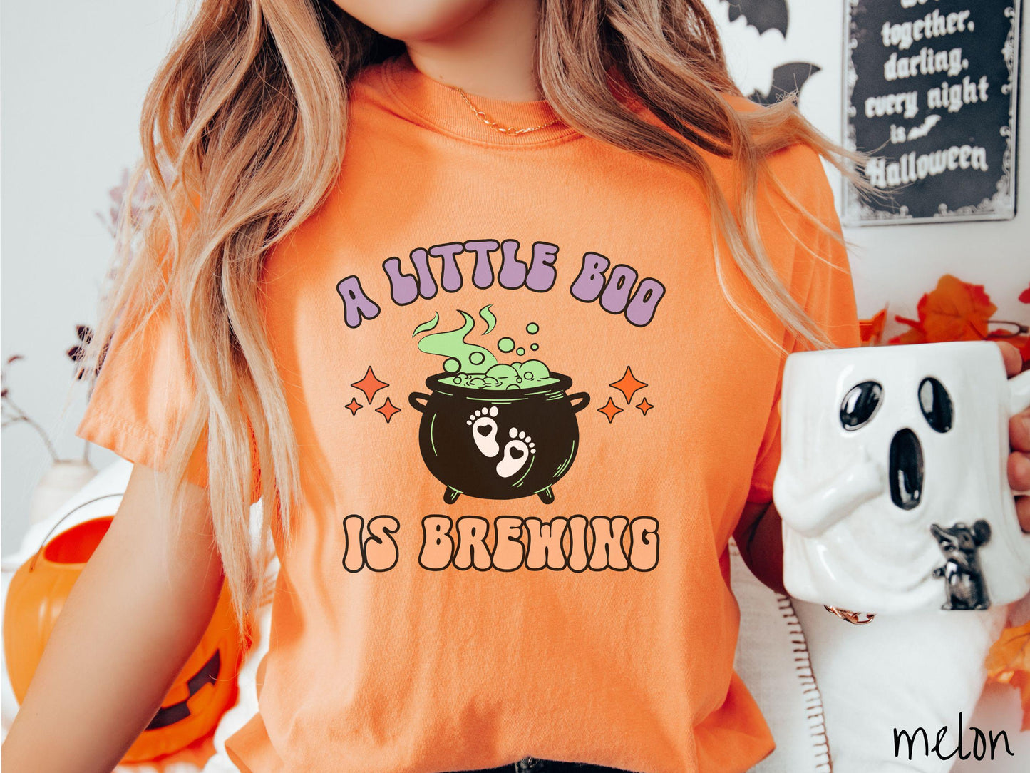 Comfort Colors Shirt, Halloween Pregnancy Announcement Shirt, Expecting Shirt, Pregnant Ghost Shirt, Little Boo is Brewing, Baby Brewing