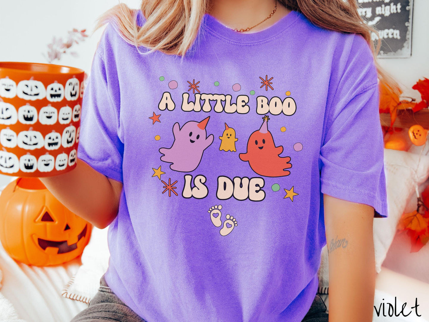 Comfort Colors Shirt, Halloween Pregnancy Announcement Shirt, Expecting Shirt, Pregnant Ghost Shirt, Little Boo is Due, Halloween Pregnancy