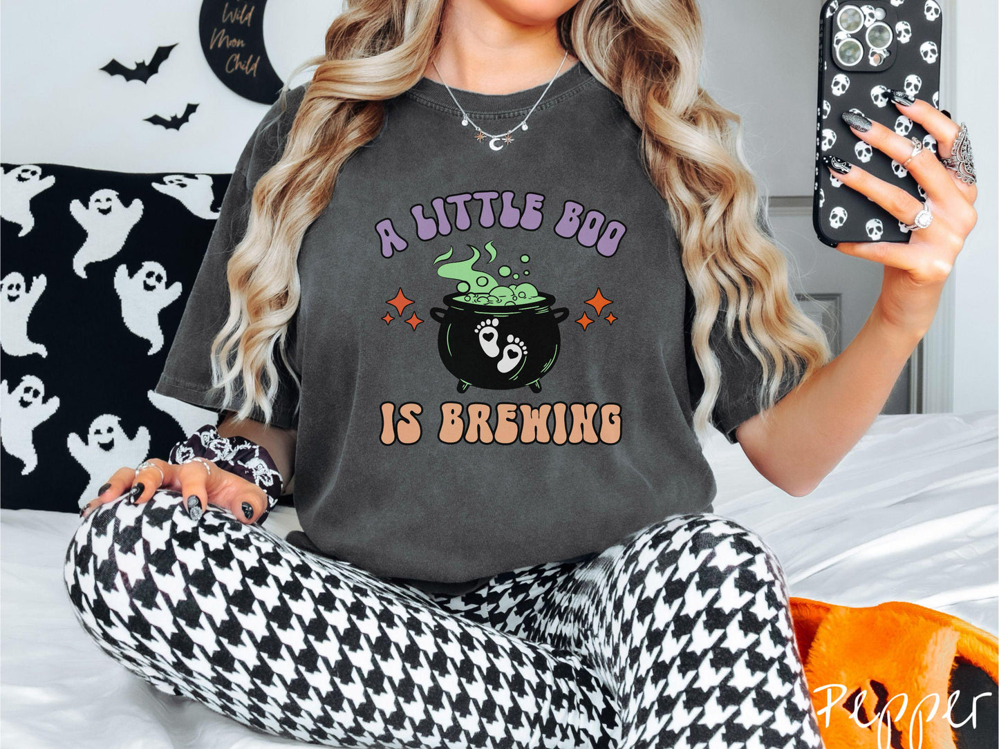 Comfort Colors Shirt, Halloween Pregnancy Announcement Shirt, Expecting Shirt, Pregnant Ghost Shirt, Little Boo is Brewing, Baby Brewing