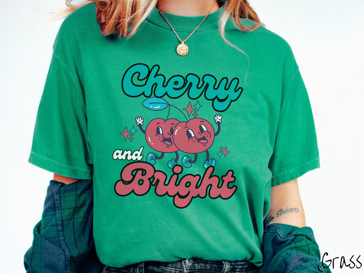Comfort Colors Cherry and Bright Shirt, Christmas Pun Shirt, Cherry Christmas Tee, Fruit Retro Christmas, Groovy Christmas Gift, Cherries