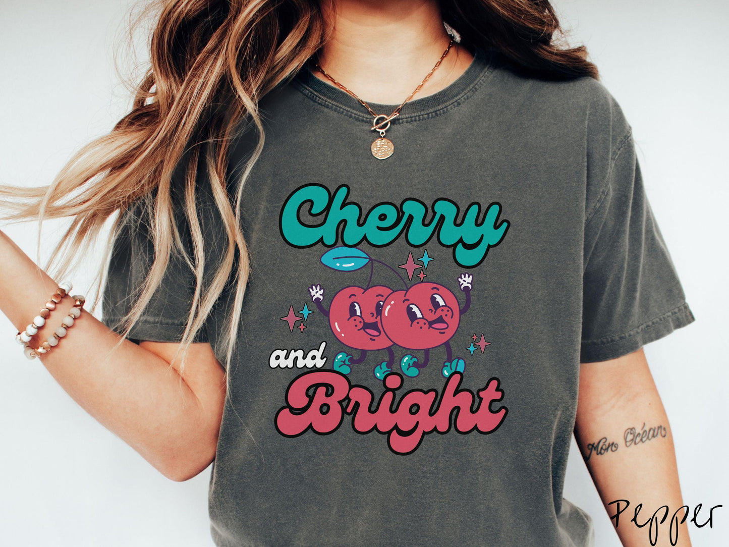 Comfort Colors Cherry and Bright Shirt, Christmas Pun Shirt, Cherry Christmas Tee, Fruit Retro Christmas, Groovy Christmas Gift, Cherries