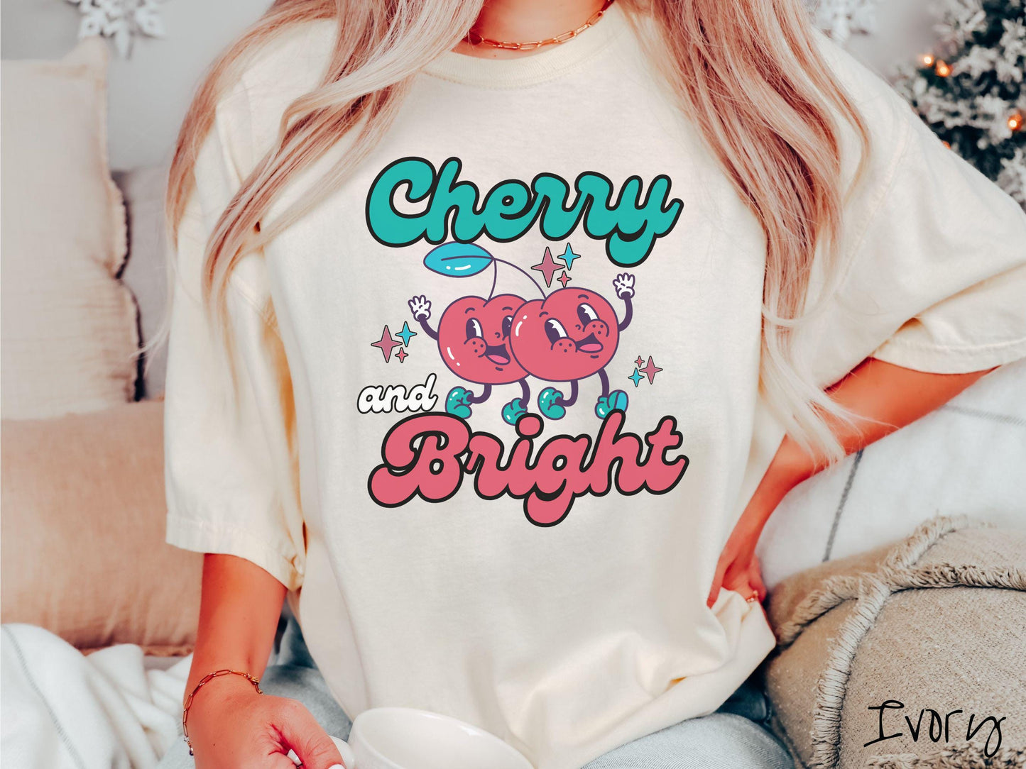 Comfort Colors Cherry and Bright Shirt, Christmas Pun Shirt, Cherry Christmas Tee, Fruit Retro Christmas, Groovy Christmas Gift, Cherries