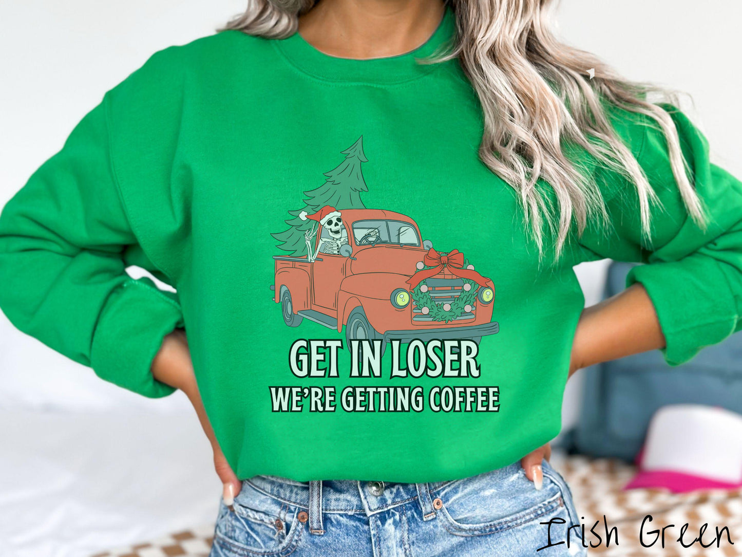 Skeleton Driving Christmas Truck Sweatshirt, Festive Skeleton, Skeleton In Santa Hat, Vintage Christmas Shirt, Tree on Car Shirt
