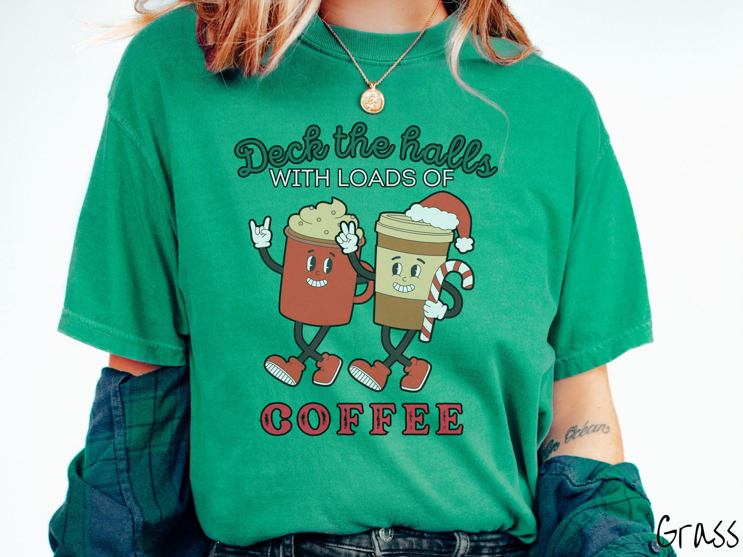 Deck the Halls With Loads Of Coffee Comfort Colors Shirt, Christmas Coffee Shirt, Retro Holiday Tee, Festive Lattes, Seasonal Coffee