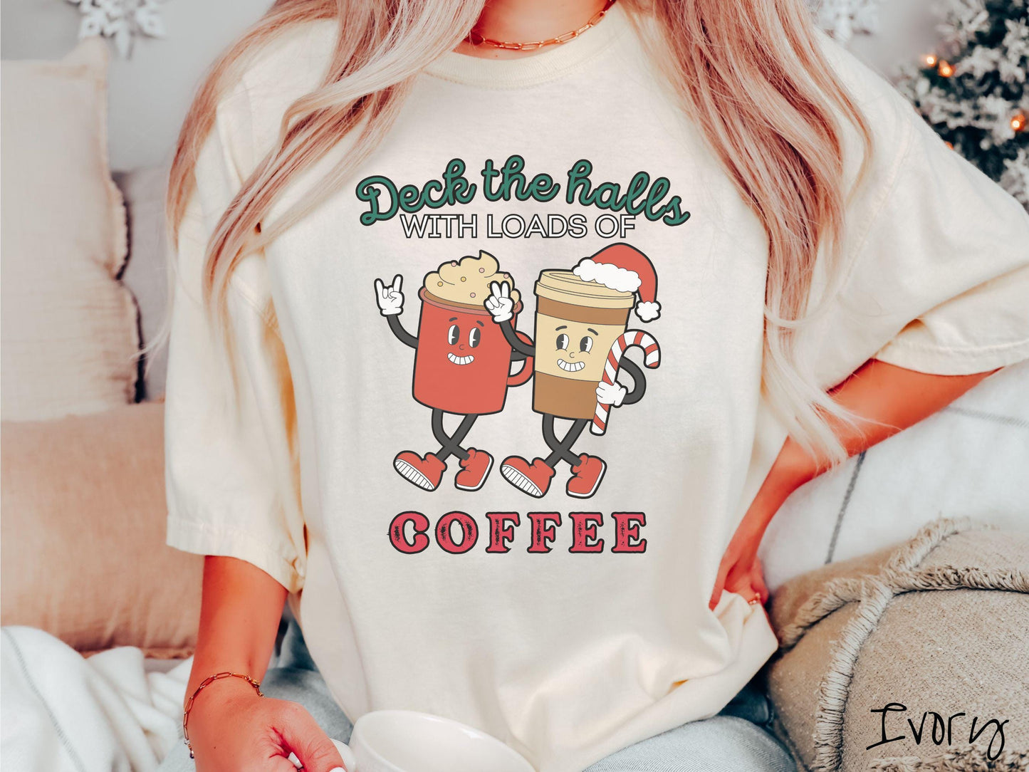 Deck the Halls With Loads Of Coffee Comfort Colors Shirt, Christmas Coffee Shirt, Retro Holiday Tee, Festive Lattes, Seasonal Coffee