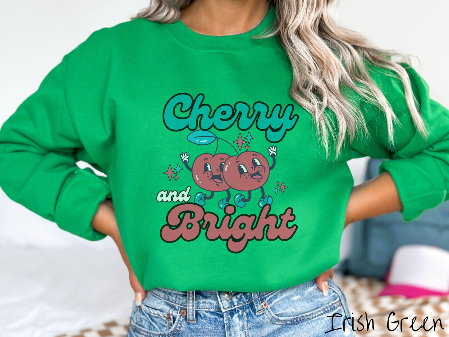 Cherry and Bright Sweatshirt, Christmas Pun Shirt, Cherry Christmas Tee, Fruit Retro Christmas, Groovy Christmas Gift, Cherries Sweater