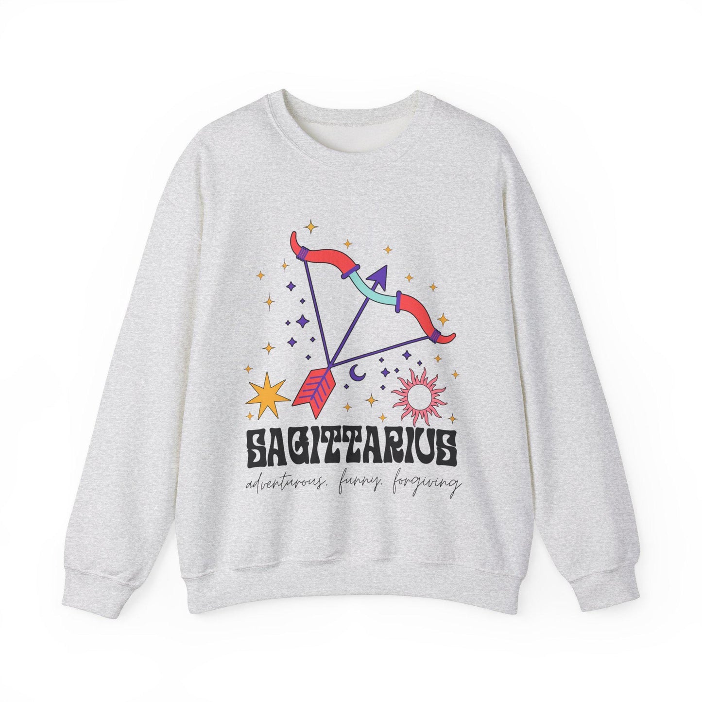 A vintage maroon colored Gildan sweatshirt features a large red and purple bow and arrow surrounded by stars and the sun with the text Sagittarius in large bold font and below that are the words adventurous, funny, forgiving in cursive font.