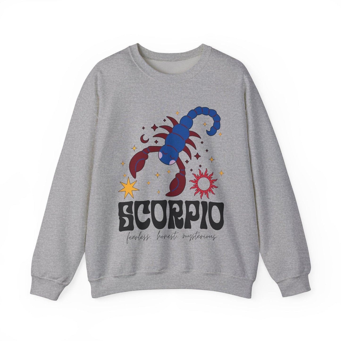 A vintage black colored Gildan sweatshirt features a large red and blue scorpion surrounded by stars and the sun with the text Scorpio in large bold font and below that are the words fearless, honest, mysterious in cursive font.