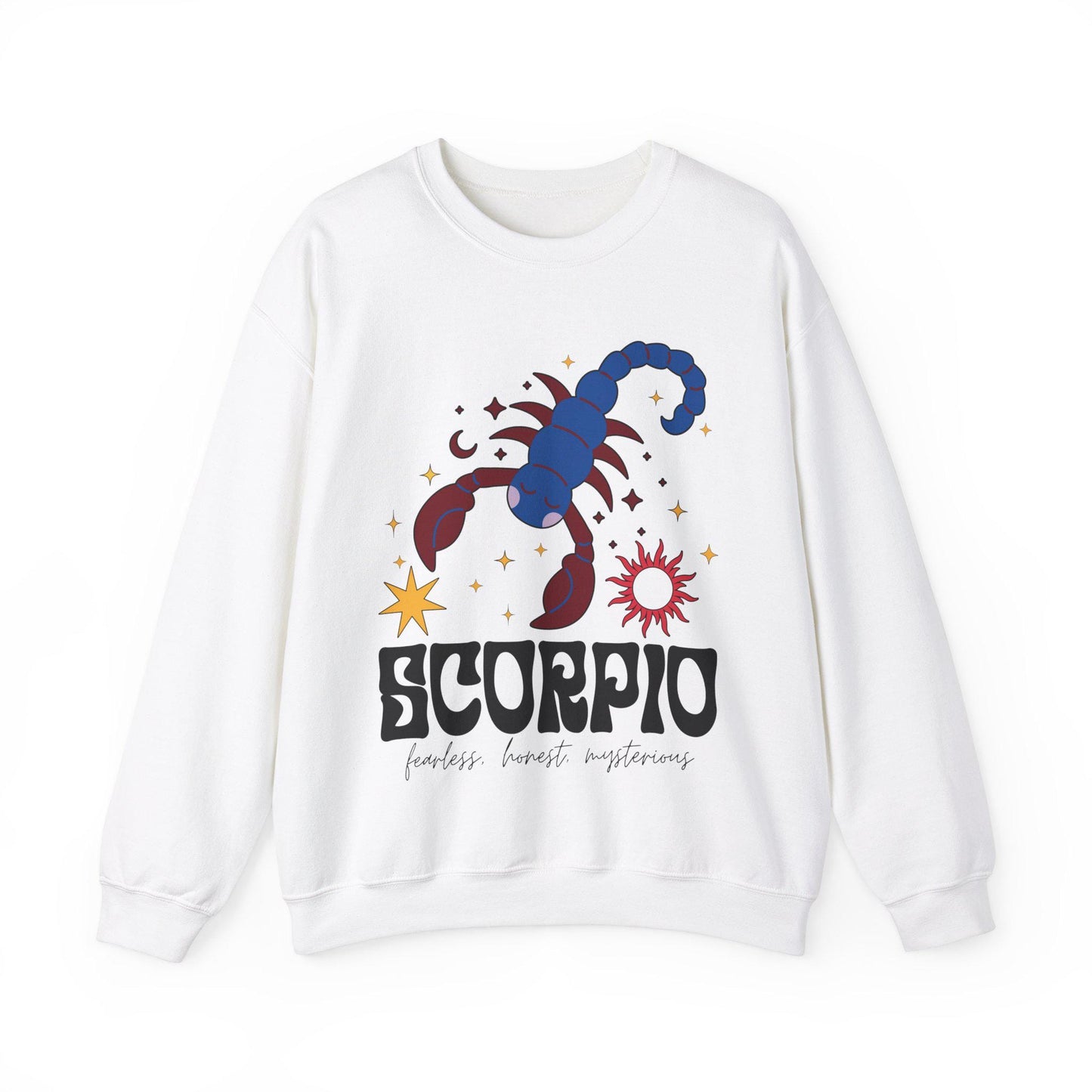 A vintage light blue colored Gildan sweatshirt features a large red and blue scorpion surrounded by stars and the sun with the text Scorpio in large bold font and below that are the words fearless, honest, mysterious in cursive font.
