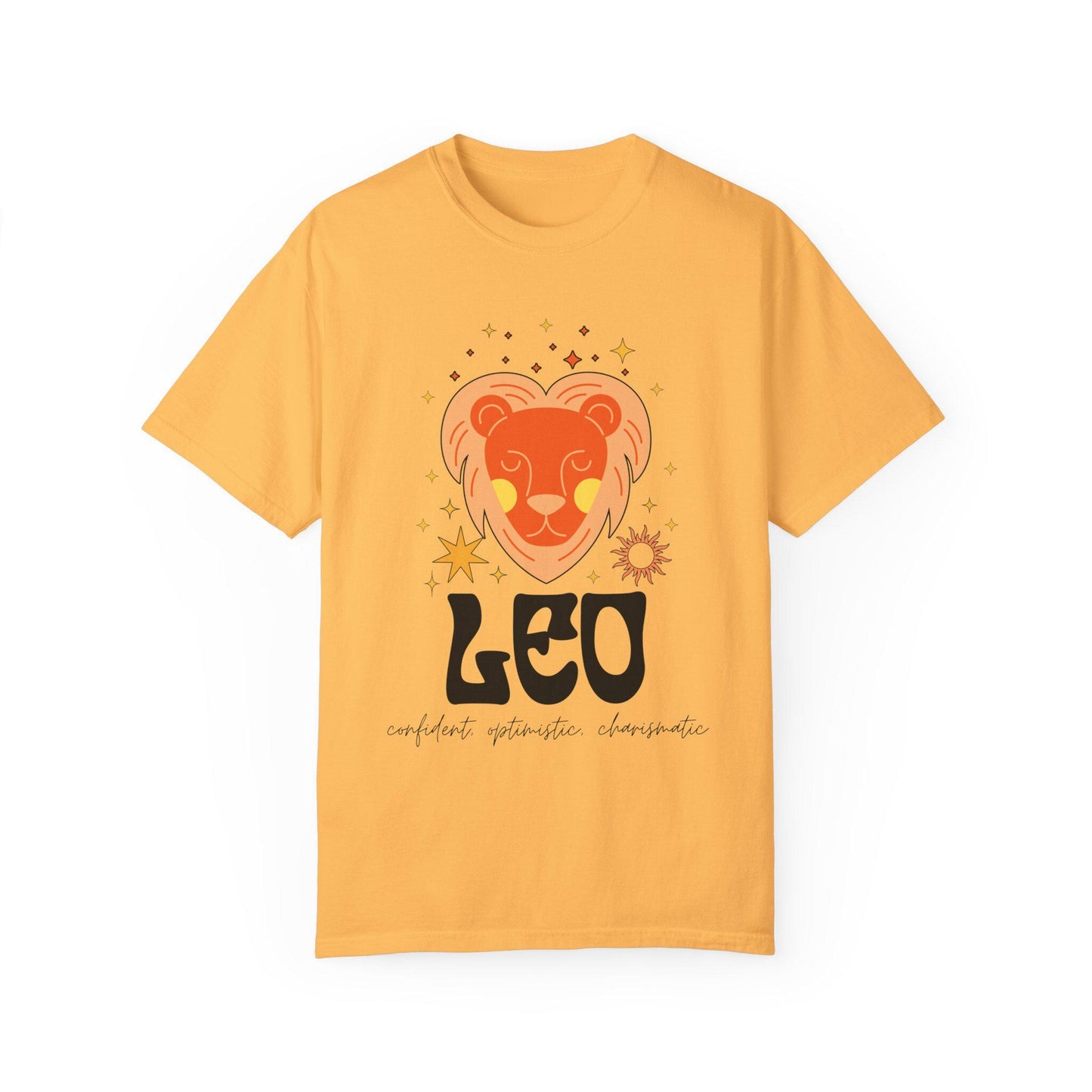 This vintage brick colored Comfort Colors T-shirt features a large orange and yellow lion surrounded by stars and the sun with the text Leo in large bold font and below that are the words confident, optimistic, charismatic in cursive font.