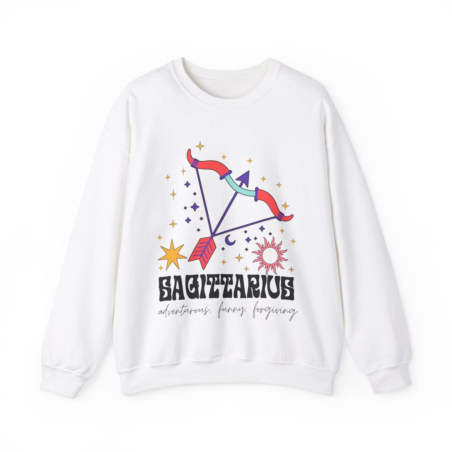 A vintage safety pink colored Gildan sweatshirt features a large red and purple bow and arrow surrounded by stars and the sun with the text Sagittarius in large bold font and below that are the words adventurous, funny, forgiving in cursive font.