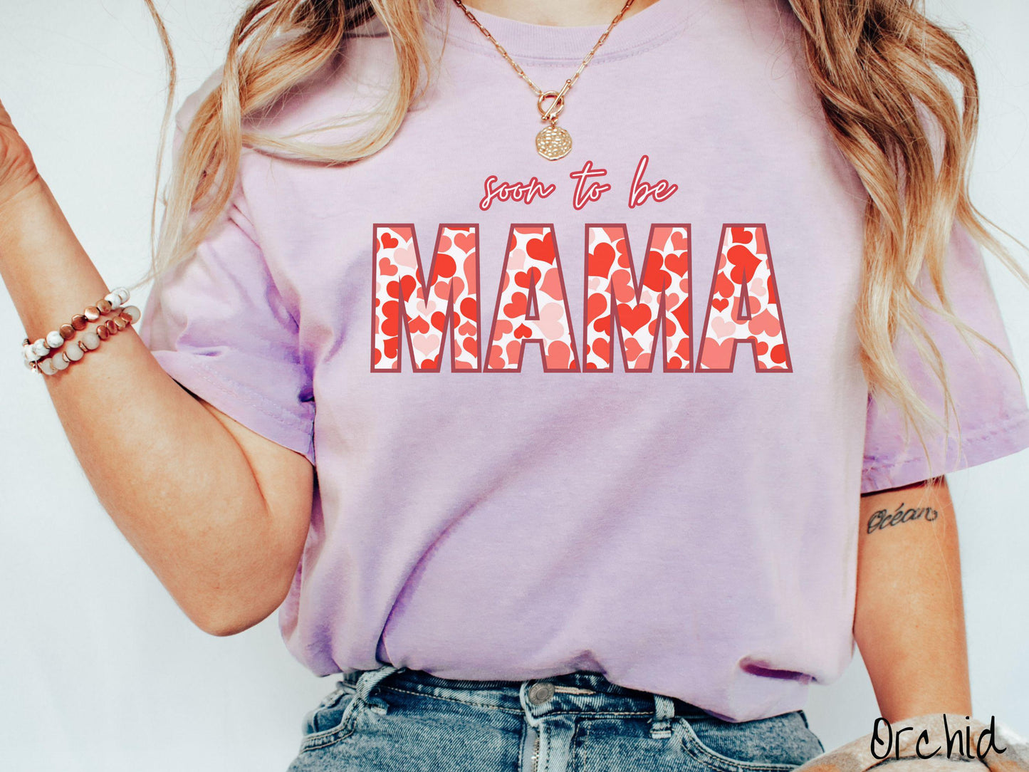 Celebrate your journey to motherhood with this vintage Comfort Colors t-shirt featuring the phrase “Soon to Be Mama” in bold red font, and the word “Mama” stands out in block letters filled with colorful hearts for a playful and charming touch.