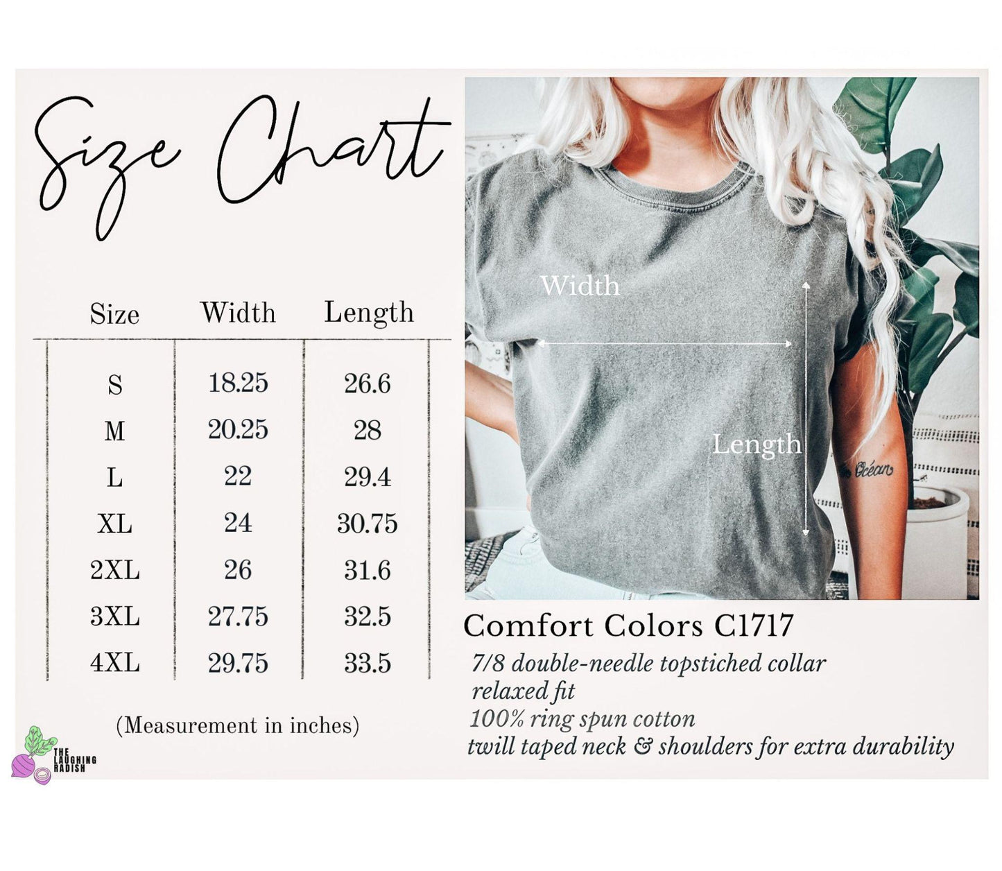 A size chart showing a model with the length and width of a shirt as reference for a potential buyer to estimate the right fit.