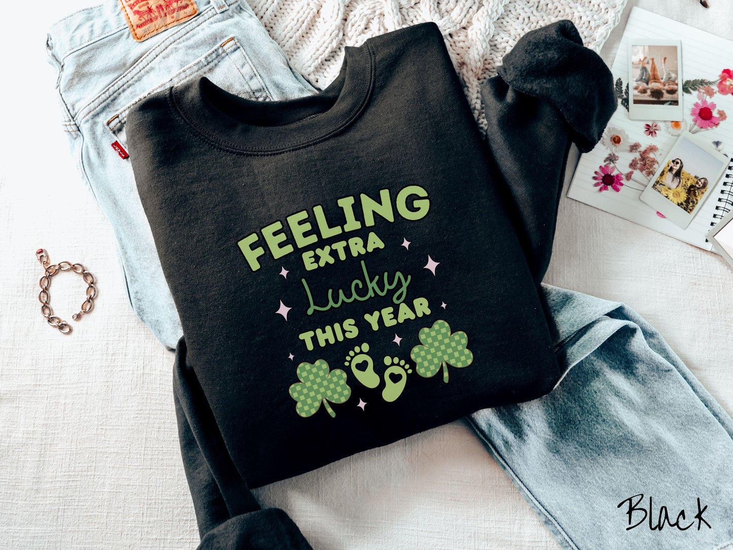 Feeling Extra Lucky This Year Pregnancy Announcement St Patrick's Day Sweatshirt, Shamrock Green Sweater, Baby Announcement Tee, New Mom
