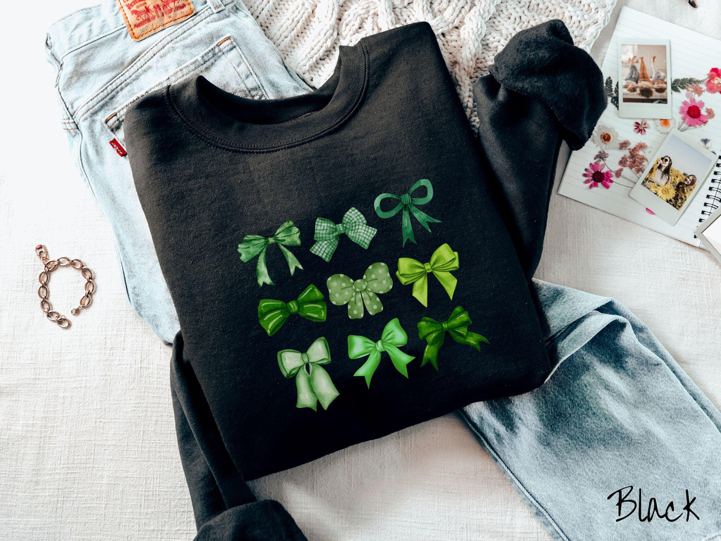 St. Patrick's Day Bow Grid Sweatshirt, Coquette Bows Green, St Patty's Day Girly Sweater, Fun Ribbons Bows Shirt, Irish Sweatshirt