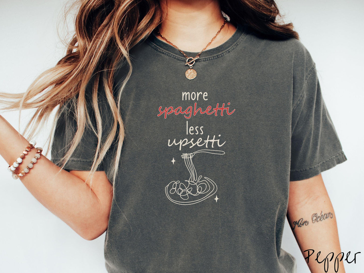 Minimalistic More Spaghetti Less Upsetti Comfort Colors Shirt, Pun Food Tee, Italian Food Gift T-Shirt, Funny Pasta Tee, Punny Tee