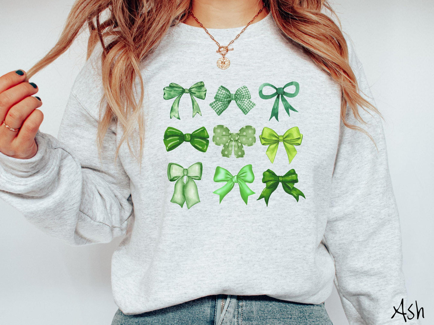 St. Patrick's Day Bow Grid Sweatshirt, Coquette Bows Green, St Patty's Day Girly Sweater, Fun Ribbons Bows Shirt, Irish Sweatshirt