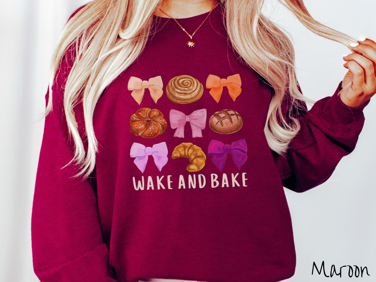 The Coquette Wake and Bake Sourdough Bow Grid Sweatshirt, Baked Goods Sweater, Fun Girly Foodie Gift, Pun Shirt, Sourdough Starter