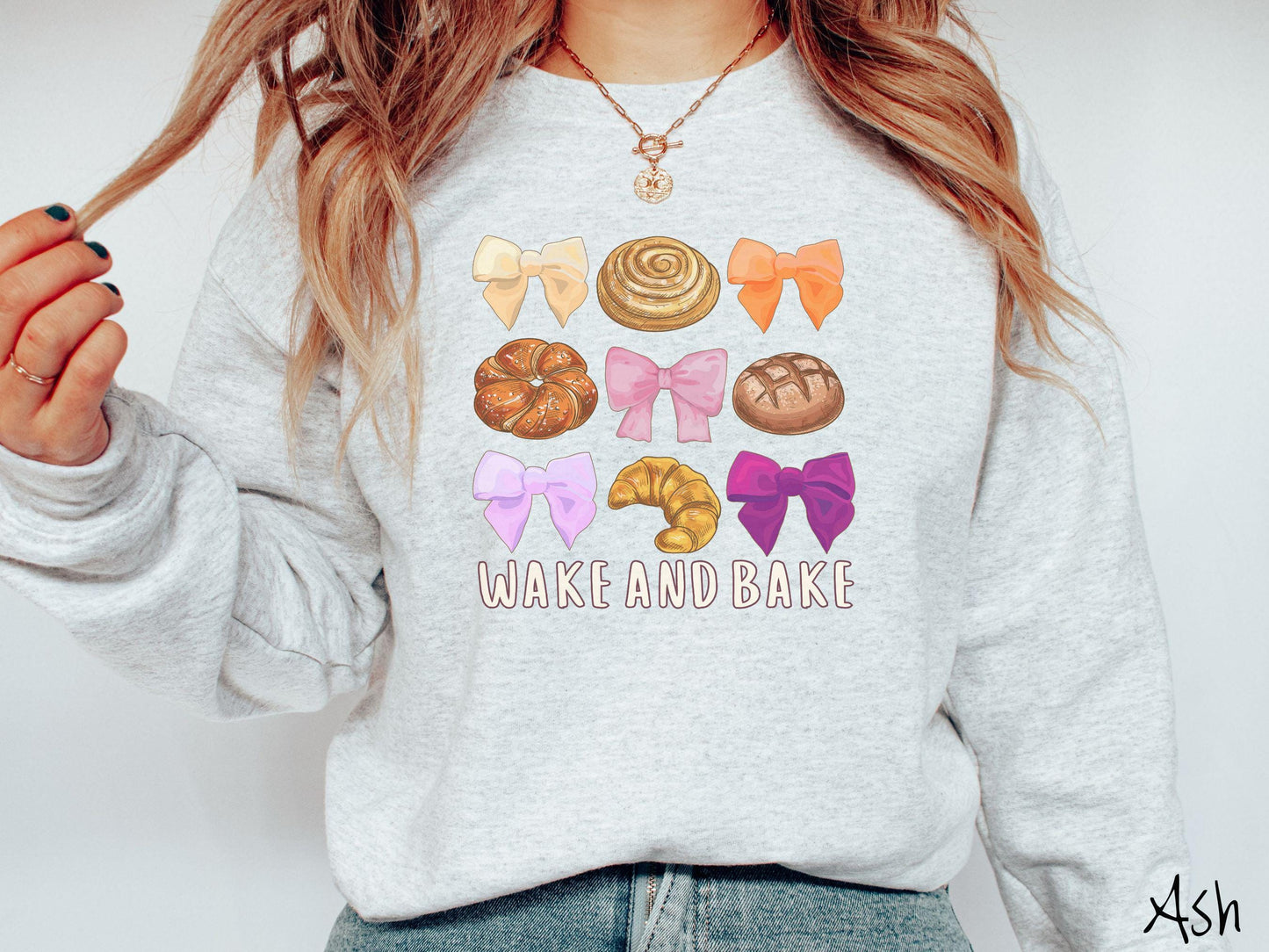 The Coquette Wake and Bake Sourdough Bow Grid Sweatshirt, Baked Goods Sweater, Fun Girly Foodie Gift, Pun Shirt, Sourdough Starter