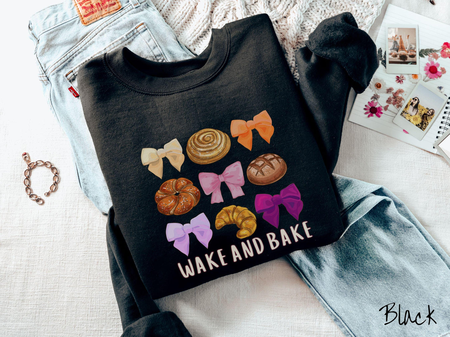 The Coquette Wake and Bake Sourdough Bow Grid Sweatshirt, Baked Goods Sweater, Fun Girly Foodie Gift, Pun Shirt, Sourdough Starter