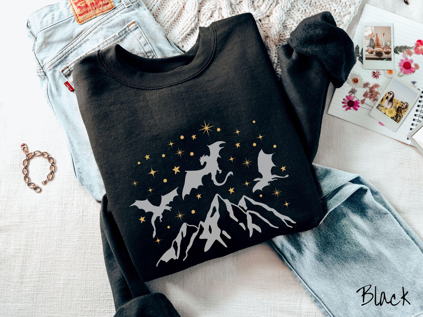 The Dragon Riders Mountain and Stars Sweatshirt, Fantasy Book Tee, Romantasy Gift T-Shirt, Bookish Dragon Tee, Fantasy World Tee