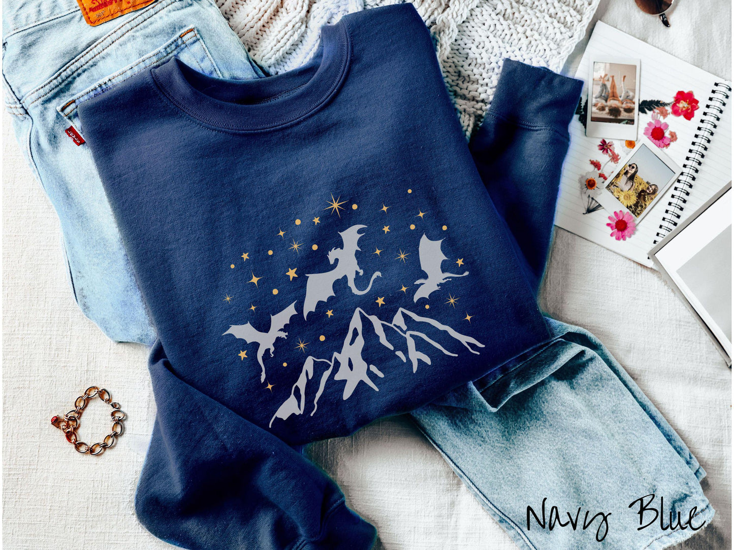 The Dragon Riders Mountain and Stars Sweatshirt, Fantasy Book Tee, Romantasy Gift T-Shirt, Bookish Dragon Tee, Fantasy World Tee