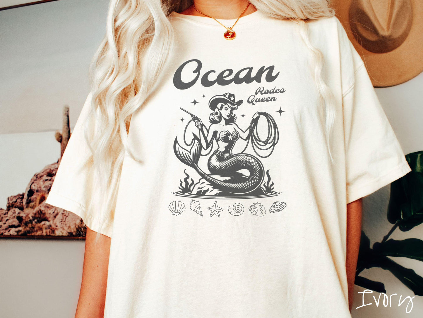 The Vintage Ocean Rodeo Queen Comfort Colors Shirt, Cowboy Mermaid Tee, Nautical Tee-Shirt, Western Nautical Shirt