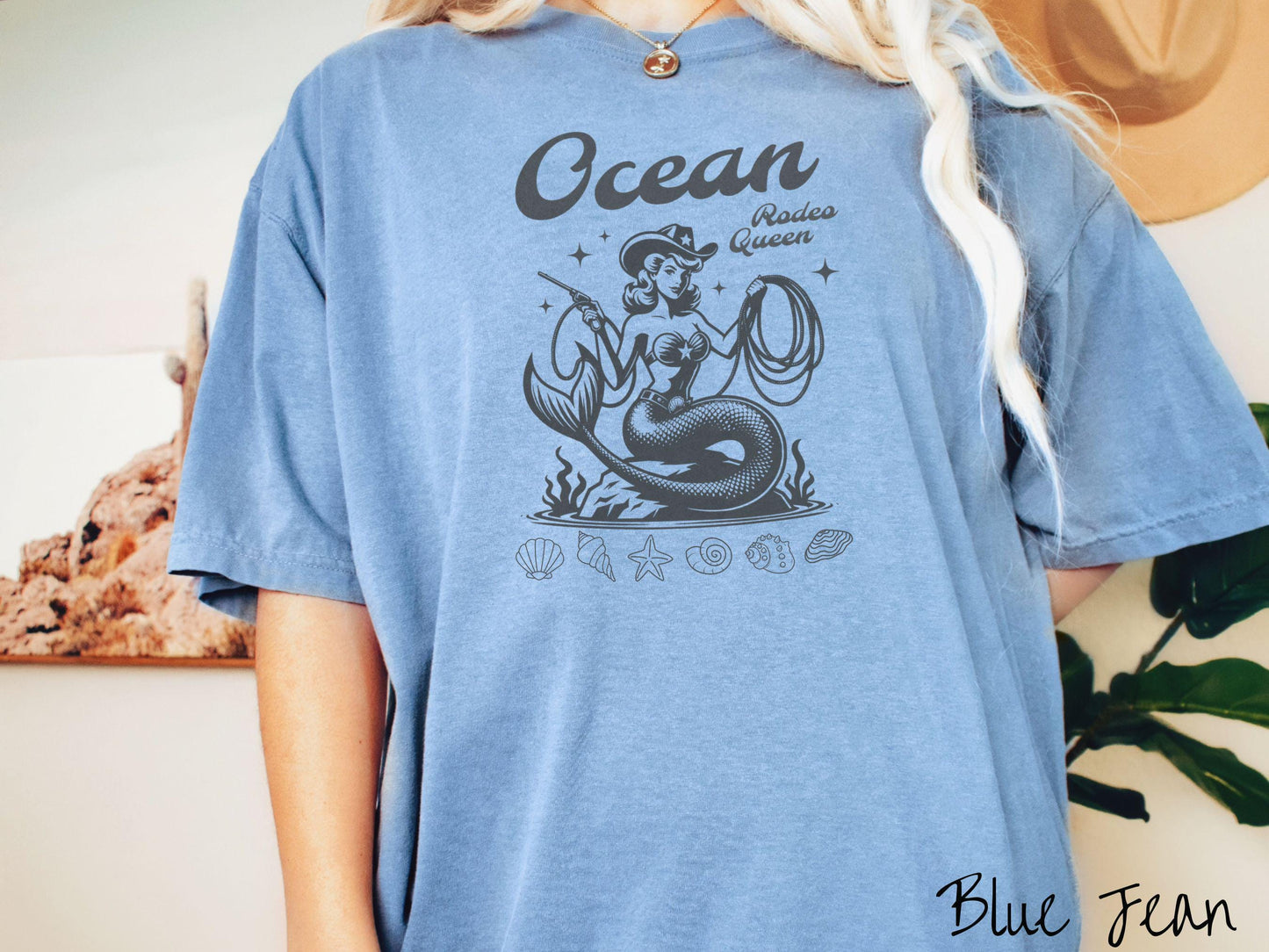 The Vintage Ocean Rodeo Queen Comfort Colors Shirt, Cowboy Mermaid Tee, Nautical Tee-Shirt, Western Nautical Shirt