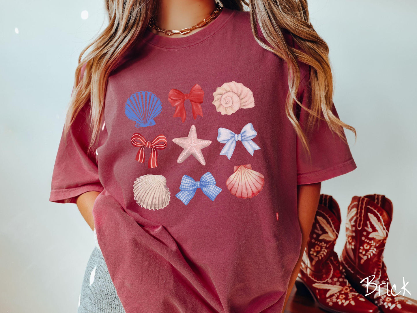 The USA Coastal Coquette Grid Comfort Colors Shirt, Summer Tee, Nautical Tee-Shirt, Fourth of July Shirt