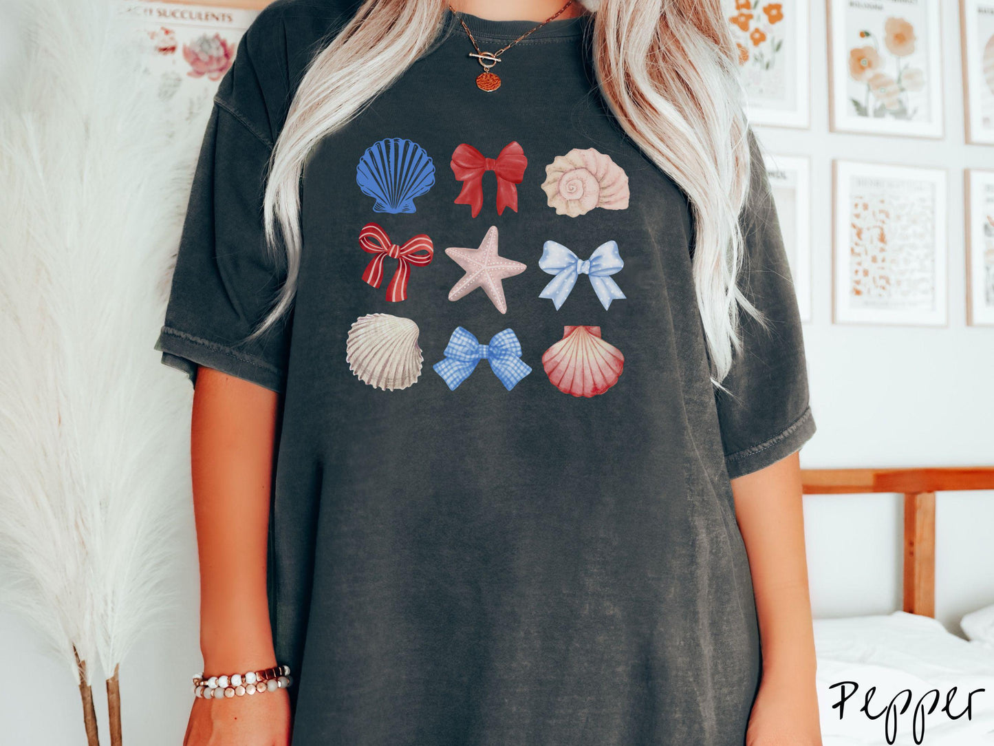 The USA Coastal Coquette Grid Comfort Colors Shirt, Summer Tee, Nautical Tee-Shirt, Fourth of July Shirt