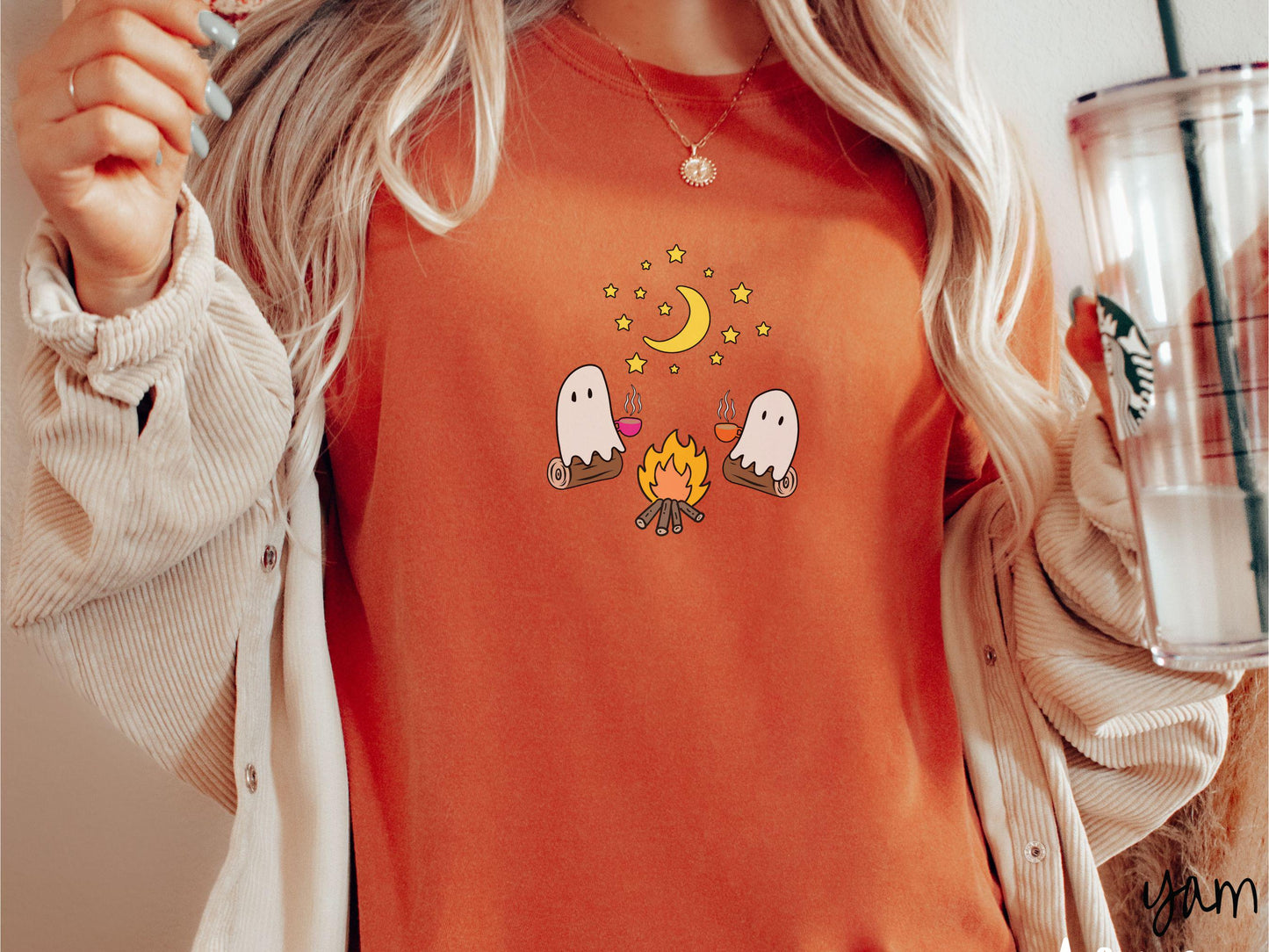 The Cozy Ghosts and Coffee Comfort Colors Shirt, Camping Ghost Tee, Camp Halloween Shirt, Cute Spooky Tee, Camping Gift Halloween