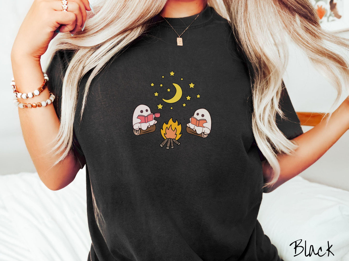The Cozy Ghosts Reading Comfort Colors Shirt, Camping Ghost Tee, Camp Halloween Shirt, Cute Spooky Tee, Camping Gift Halloween